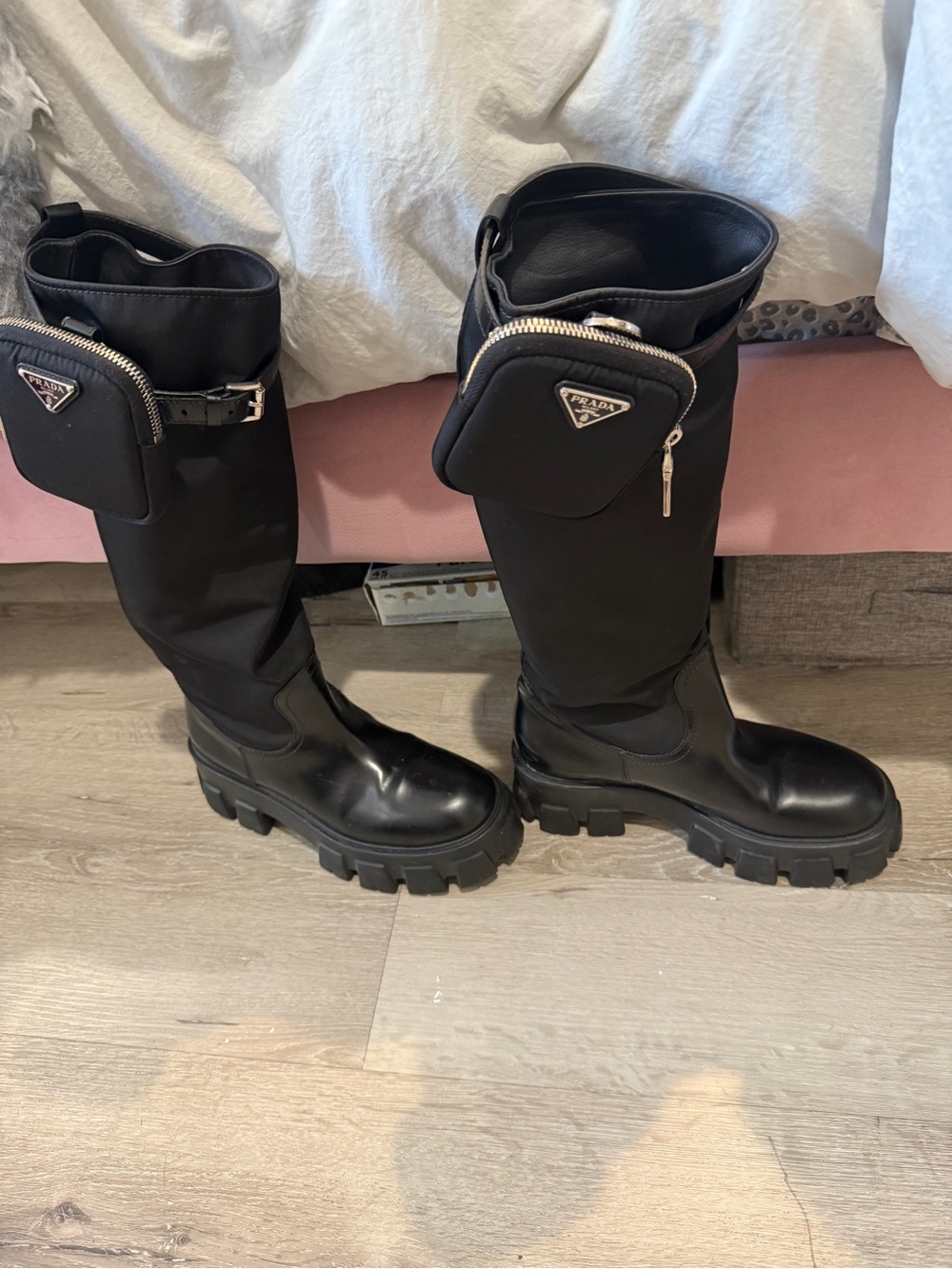 Prada Black Nylon and Leather Lug-Sole Knee Boots with Zip Pouch